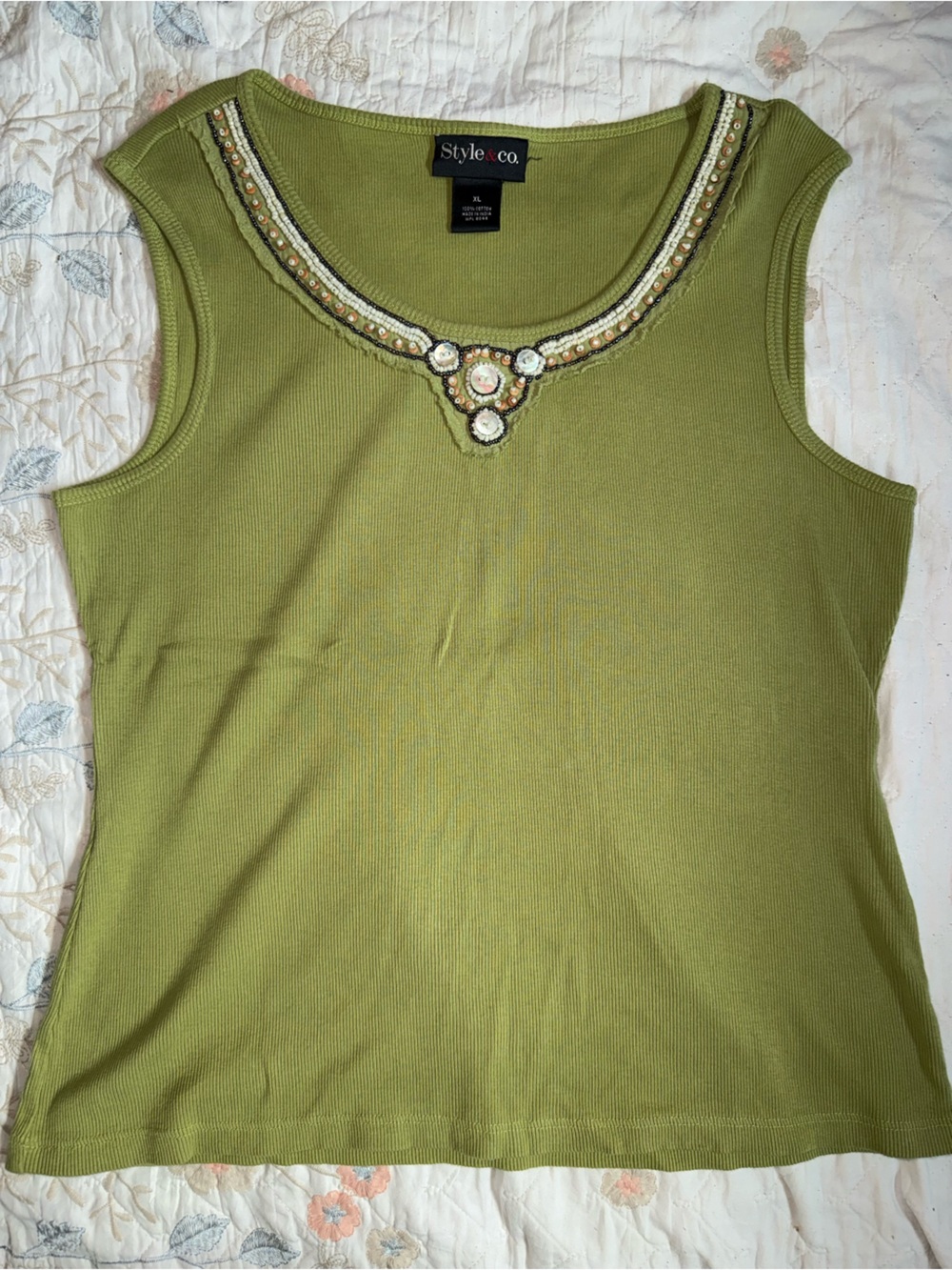 Style & Co. Olive Green Ribbed Tank With Embellished Neckline